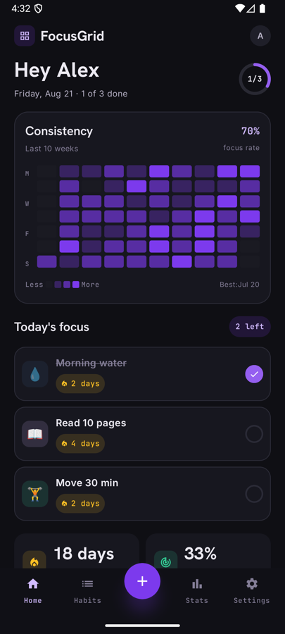 FocusGrid home screen showing a filled consistency grid and today's habits