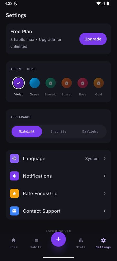 Settings with accent and appearance pickers